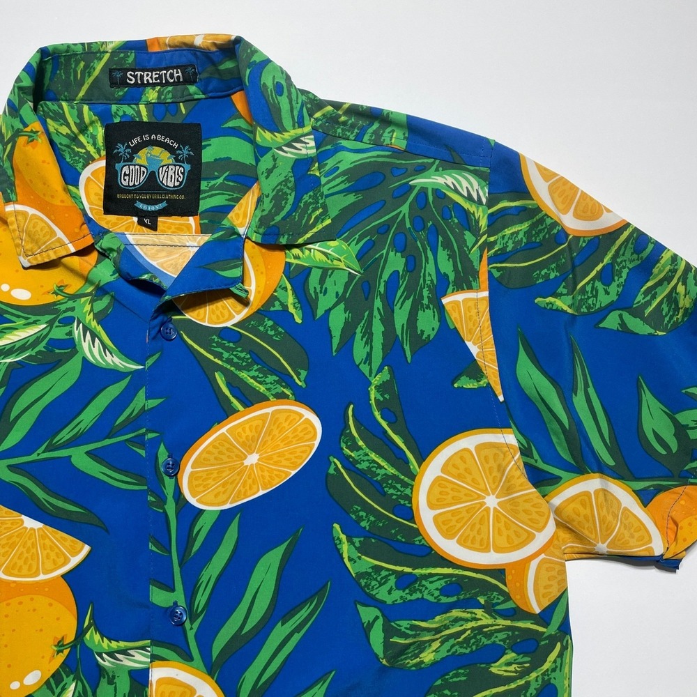 Good Vibes Drill Clothing Co Mens XL Blue Orange Tropical Monstera Stretch Shirt